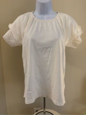 Girls' Cream Short Sleeve Eyelet Trim Top